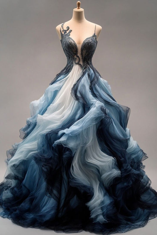 A Line Ball Gown Ombre Long Prom Dress Evening Formal Dress S7092