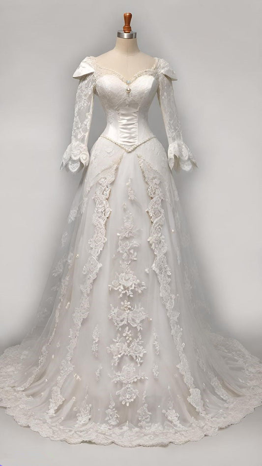 A Line White Tulle Lace Long Sleeves Wedding Dress S6940