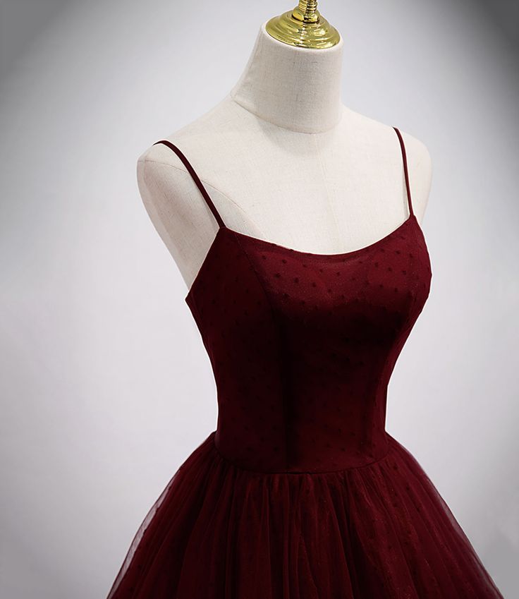 Burgundy tulle long prom dress A line evening gown