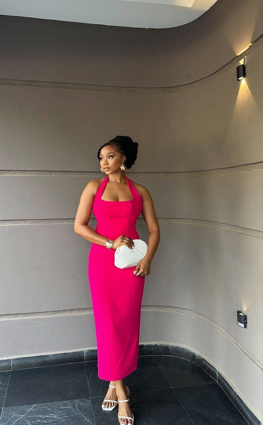 Hot Pink Women s Sleeveless Ankle Length Dress Halter Evening Gown