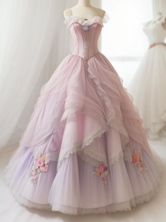 A line Evening Dresses For Girls Appliques Princess Tull Gown