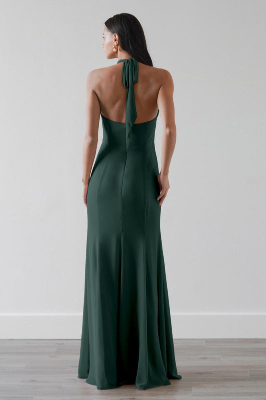 halter neckline off shoulder sleeveless backless and floor length evening dress