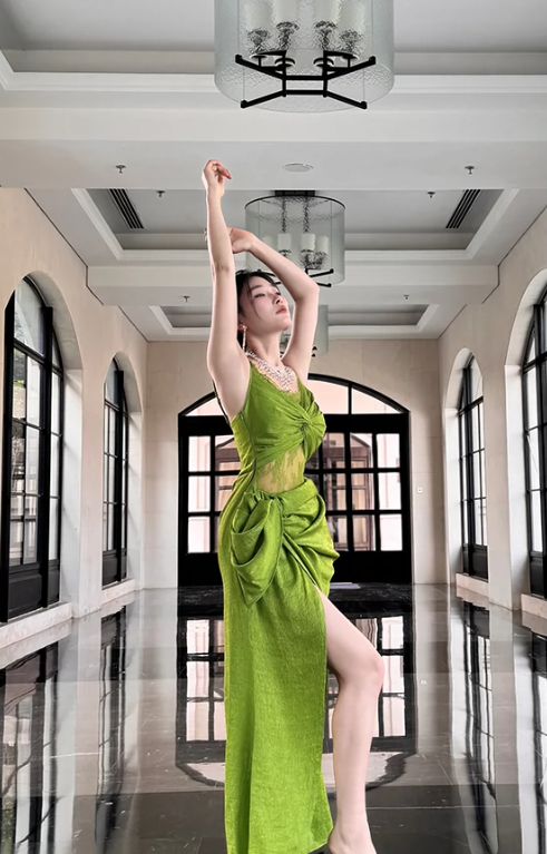 green chic suspender dress seaside holiday long dress S6139