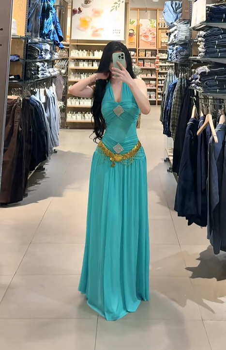 Lake blue halter neck sexy fitted waist long ball gown R7903