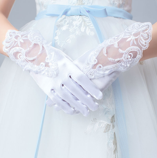 Lace Beaded Satin Stretch Children Wedding Dress Flower Girl Dress Gloves Performance Dance S6247