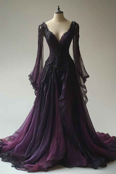 Dark Purple A-Line Chiffon Long Sleeves Vintage Long Party Dress Evening Gown, D963