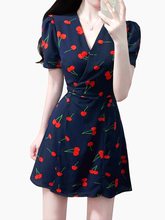 2025 Summer New French Retro V-neck Black Cherry Floral Wrap Dress R0939