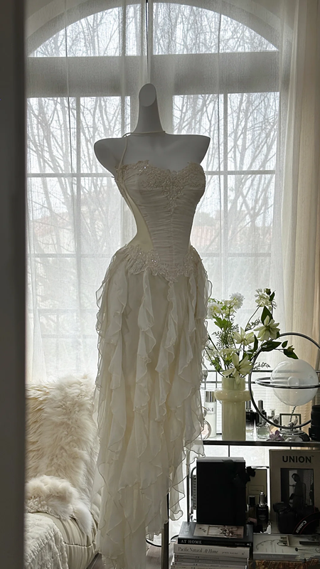 Apricot white strapless, fitted waist, pleated, irregular long ball gown R7674