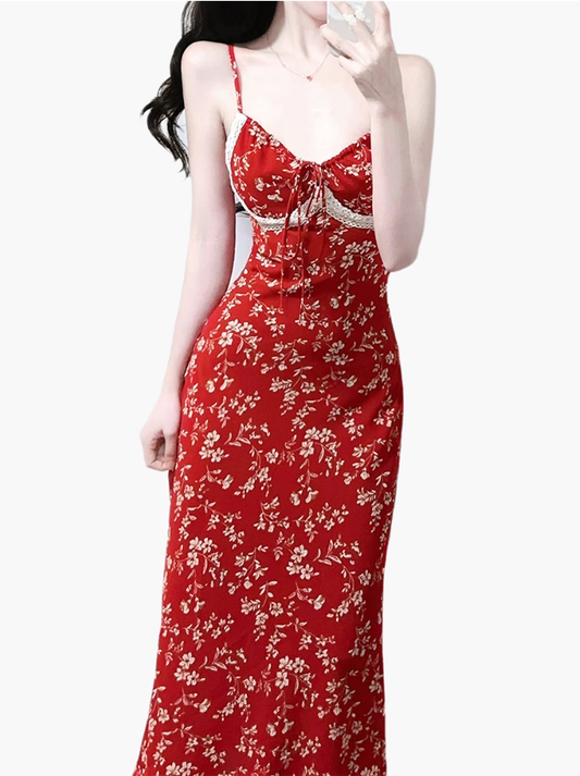 2025 Summer New Red Floral Sexy V-neck Mid-length Holiday Suspender Dress R0919