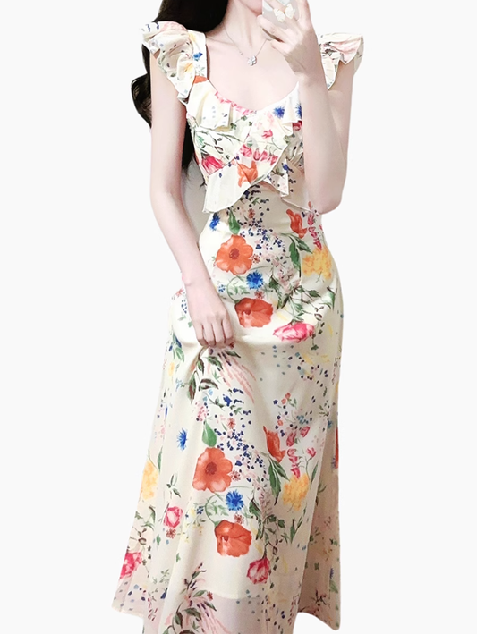 2025 Summer New Floral Ruffle French Temperament Sleeveless Dress R0903