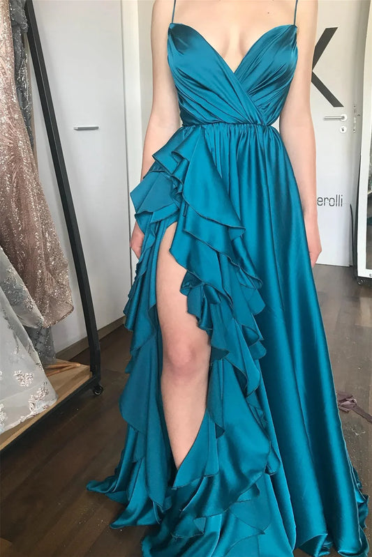 Ink blue thin shoulder strap V-neck sleeveless slit with ruffled edge fishtail prom dress