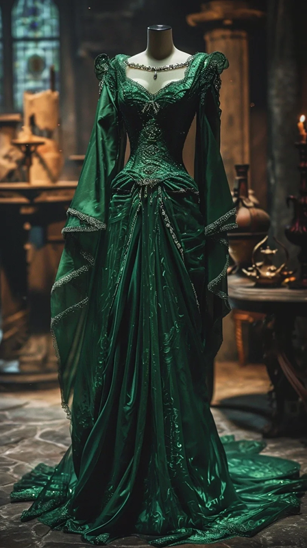 Green square neckline, fitted waist, elegant classic long ball gown R7201