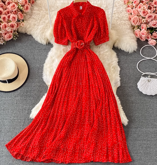 2025 Puff Sleeve Lapel Pleated Polka Dot Dress Waist Slimming Long Swing Dress Short Sleeve R0382