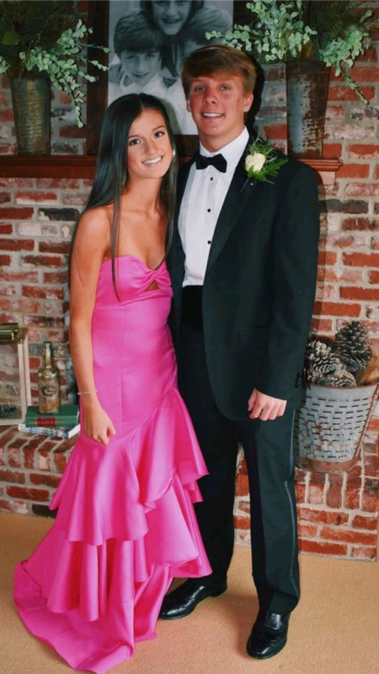 Hot Pink Satin Mermaid Prom Dresses Long Evening Gowns With Tiered
