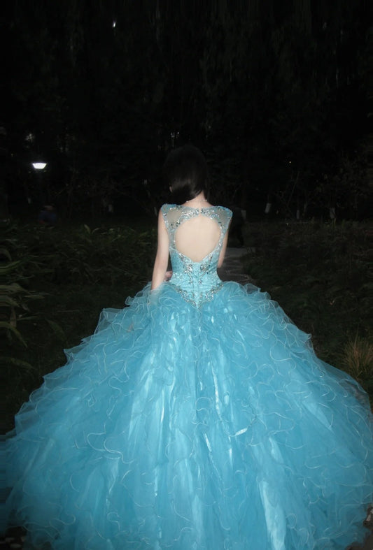 90s Retro Ball Gown Light Blue Sweetheart Ruffle Gala Gown Evening Dress Prom Dress D5021