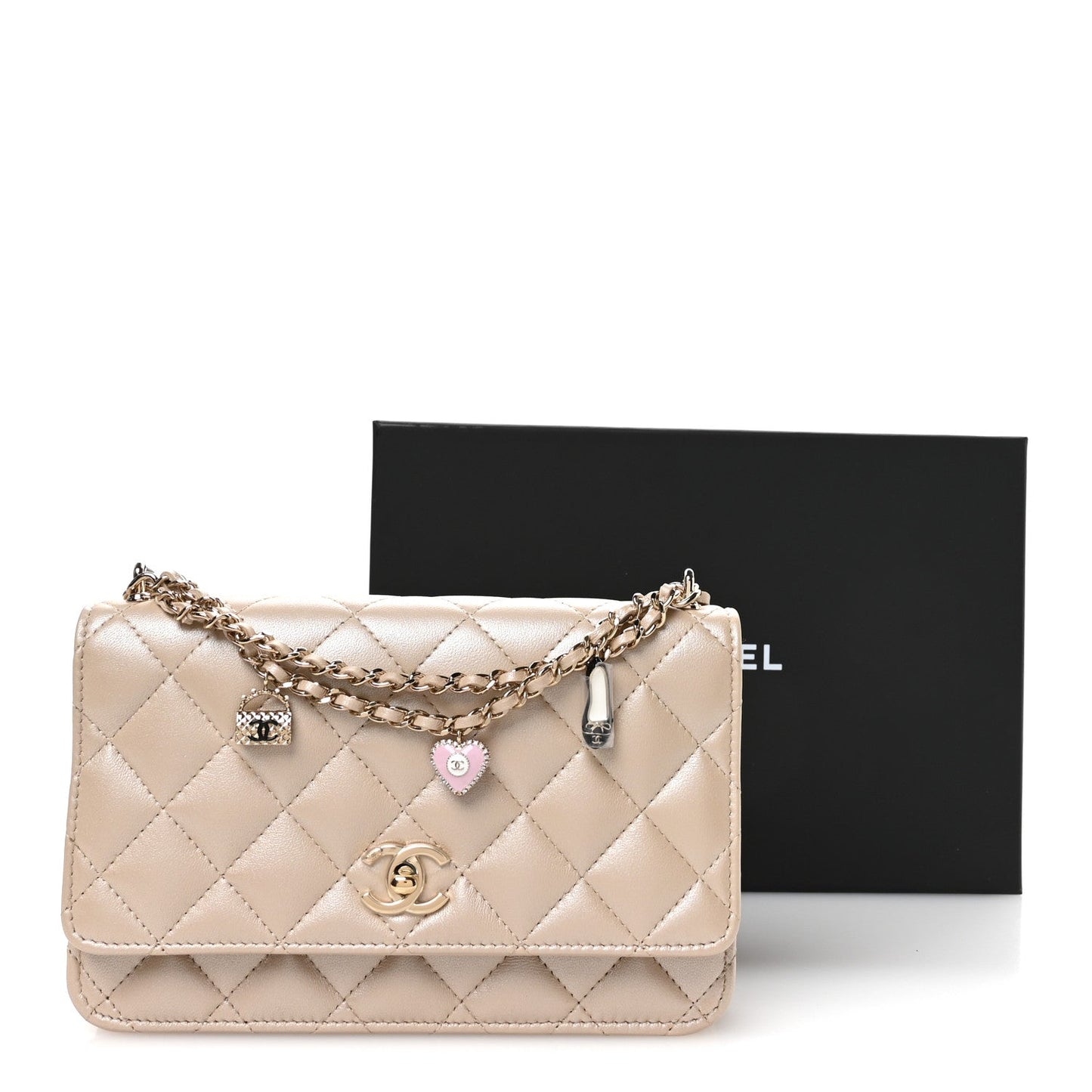 Pearly Lambskin Quilted Charms Wallet On Chain WOC Beige