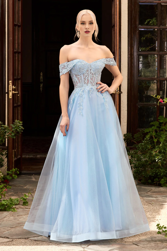 Lace applique short sleeved long off shoulder dress