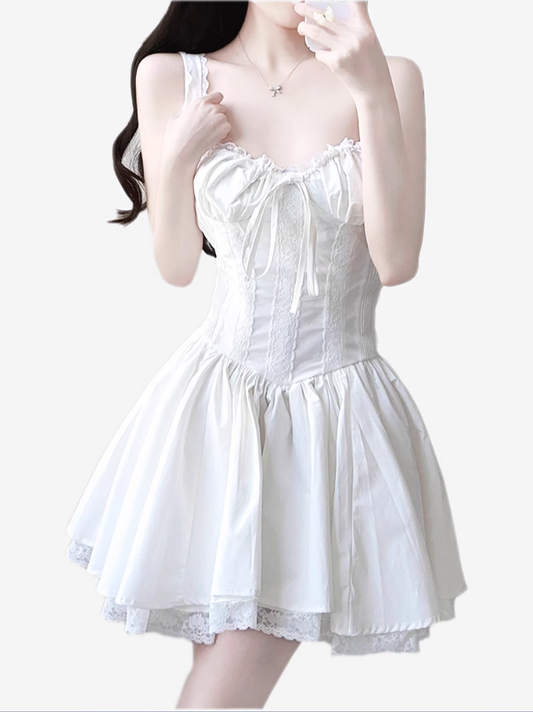2025 Summer New White Fishbone Ballet Hottie Short A-line Suspender Dress R0974