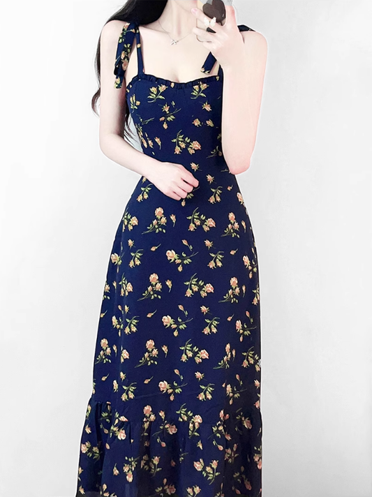 2025 Summer New French Retro Floral Beach Seaside Holiday Suspender Dress R0932