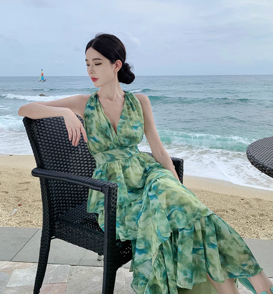 Green halo halter neck backless dress for seaside vacation R1597