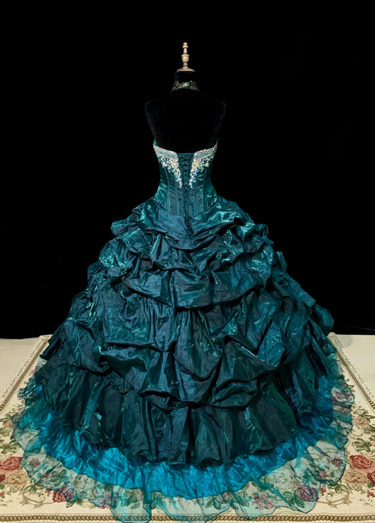 Green strapless fitted waist long ball gown with a full skirt, elegant ball dress R8674