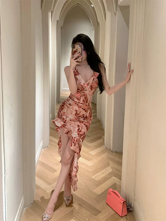 Irregular V-neck sexy floral suspender dress for women summer new party dress S5807