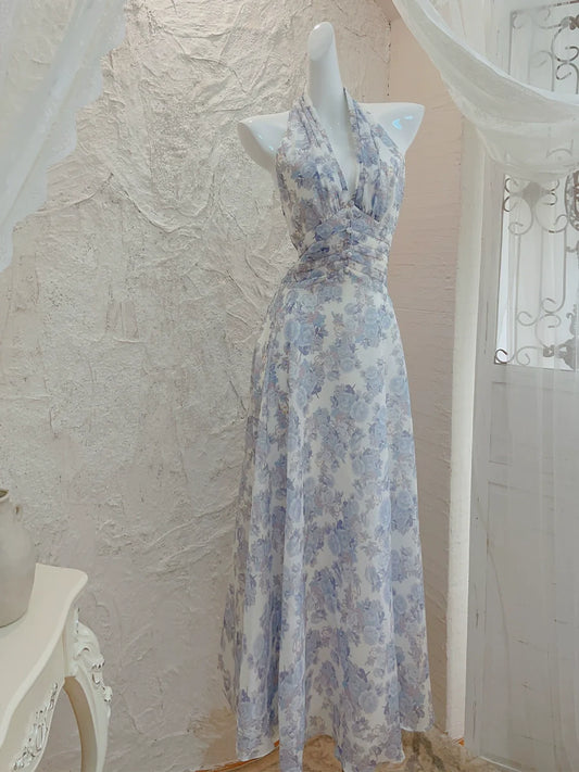 Halter neck printed floral dress long evening party dress S5985