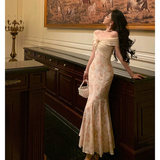 Lace splicing floral dress summer new off-shoulder party dress S5608
