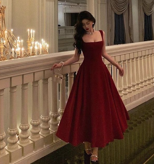A line Burgundy Prom Gown Party Dresses