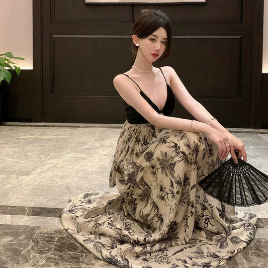 Ink painting splicing new Chinese style suspender dress sexy backless long dress S5806