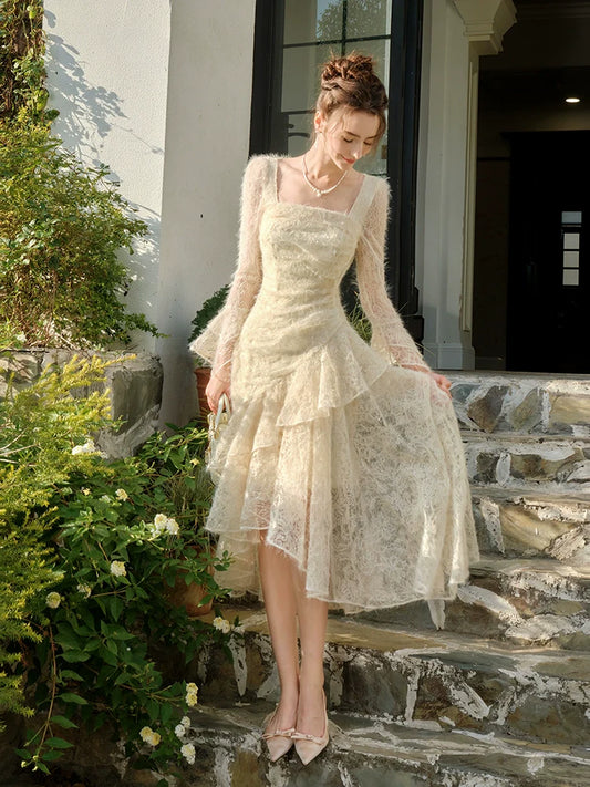 Lace Embroidery Long Sleeve Dress Retro Velvet Princess Dress S6155