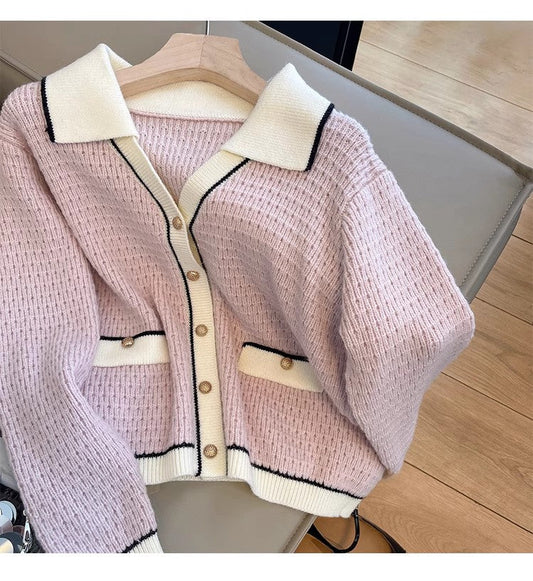 knitted cardigan for women POLO collar sweater jacket S4848