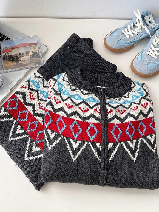 jacquard round neck long-sleeved sweater jacket + knitted skirt two-piece set S4746