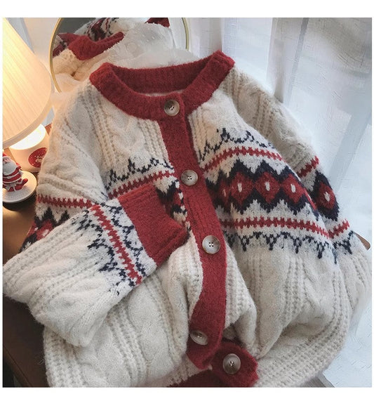 jacquard round neck knitted cardigan for women Christmas red sweater jacket S4808