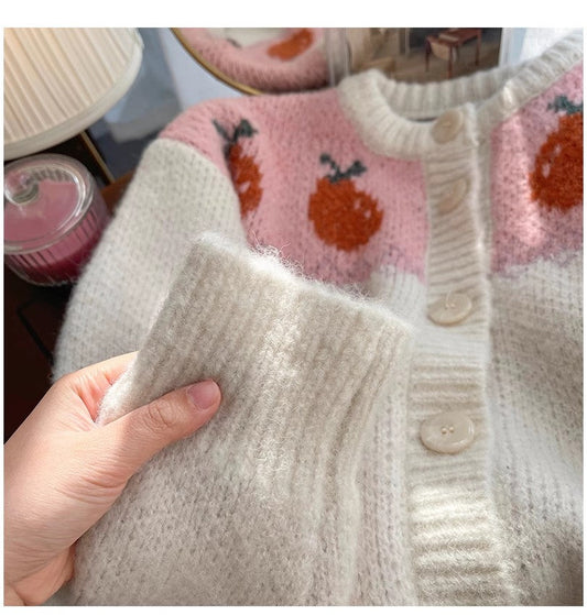 Jacquard round neck sweater jacket for women knitted cardigan S4918
