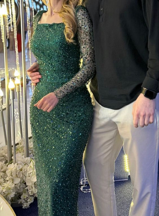 Green Sequin Prom Dress Long Sleeves Evening Gown
