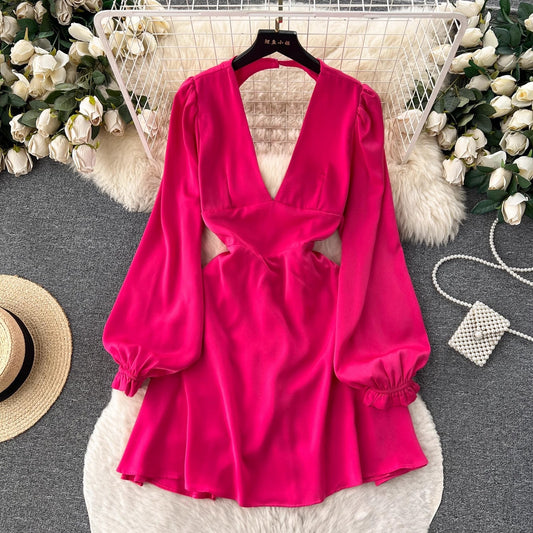 hot girl deep V-neck backless puff-sleeve dress for women party dress S4588