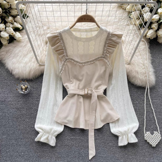 lace shirt women's long-sleeved ruffled sweet shirt trendy S4644