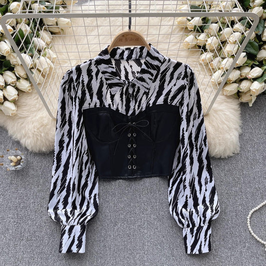 hot girl style print shirt for women long-sleeved short top S4614