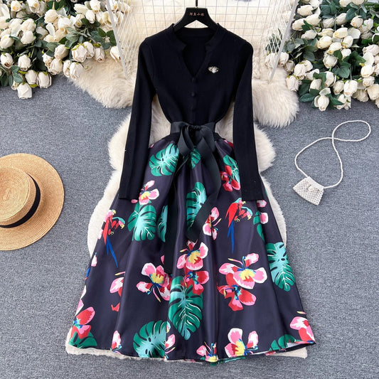 knitted splicing jacquard dress for women S4544