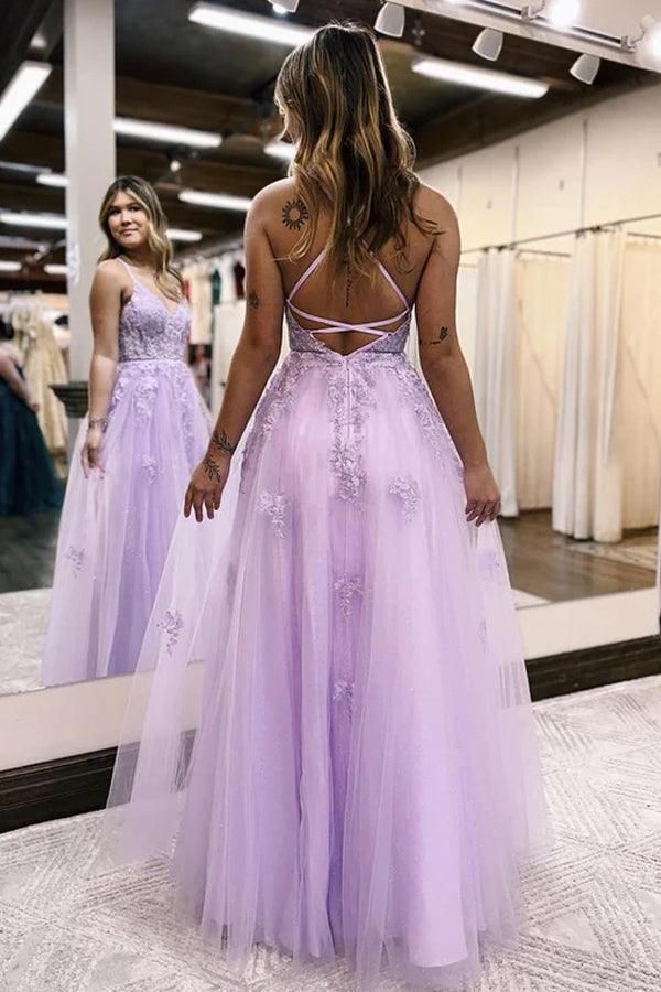 A-Line V Neck Lilac Tulle Long Slit Prom Dress Evening Dress S4673