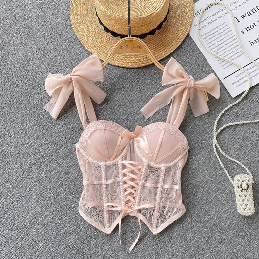 Hot Girl Style Tube Top Women's Lace Mesh Strap Bow Design Top S4620