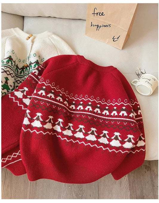 Jacquard round neck sweater jacket for women soft knitted cardigan S4910
