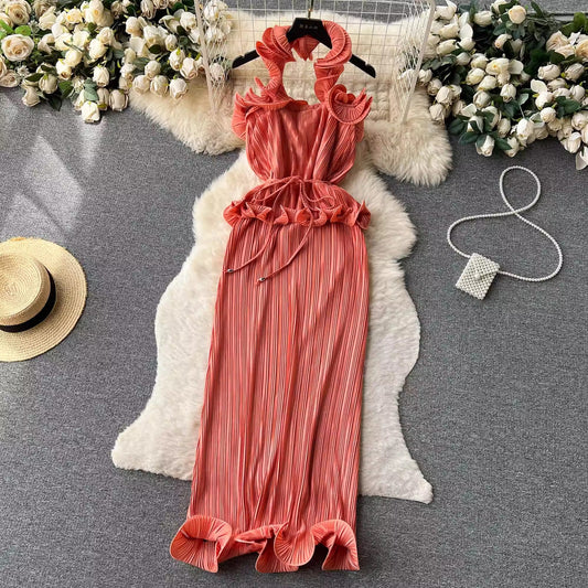 halter neck suspender dress women's pleated holiday dress banquet dress S4625