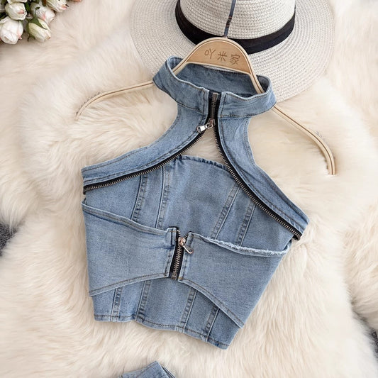 Hot girl fashion suit women's halter neck backless short denim top two-piece set S4003