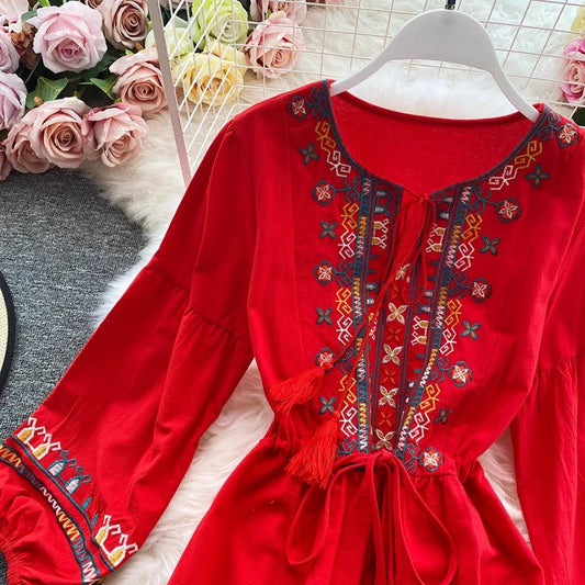 holiday dress women's bohemian beach dress embroidered lantern sleeve style long skirt S3983