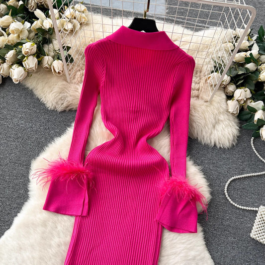 knitted dress for women lapel feather tight design skirt S4539