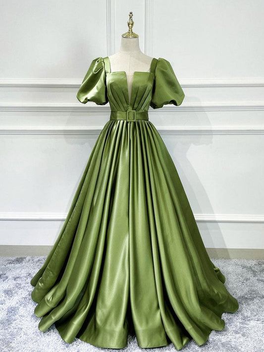 green satin long prom dress, green satin evening dress S3541