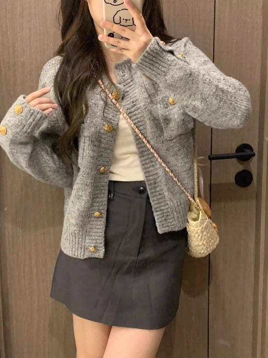 2023 new style gray knitted sweater jacket women's cardigan top S3389