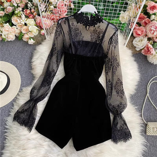 lace embroidered top, velvet tube top ,two-piece set for women S4026